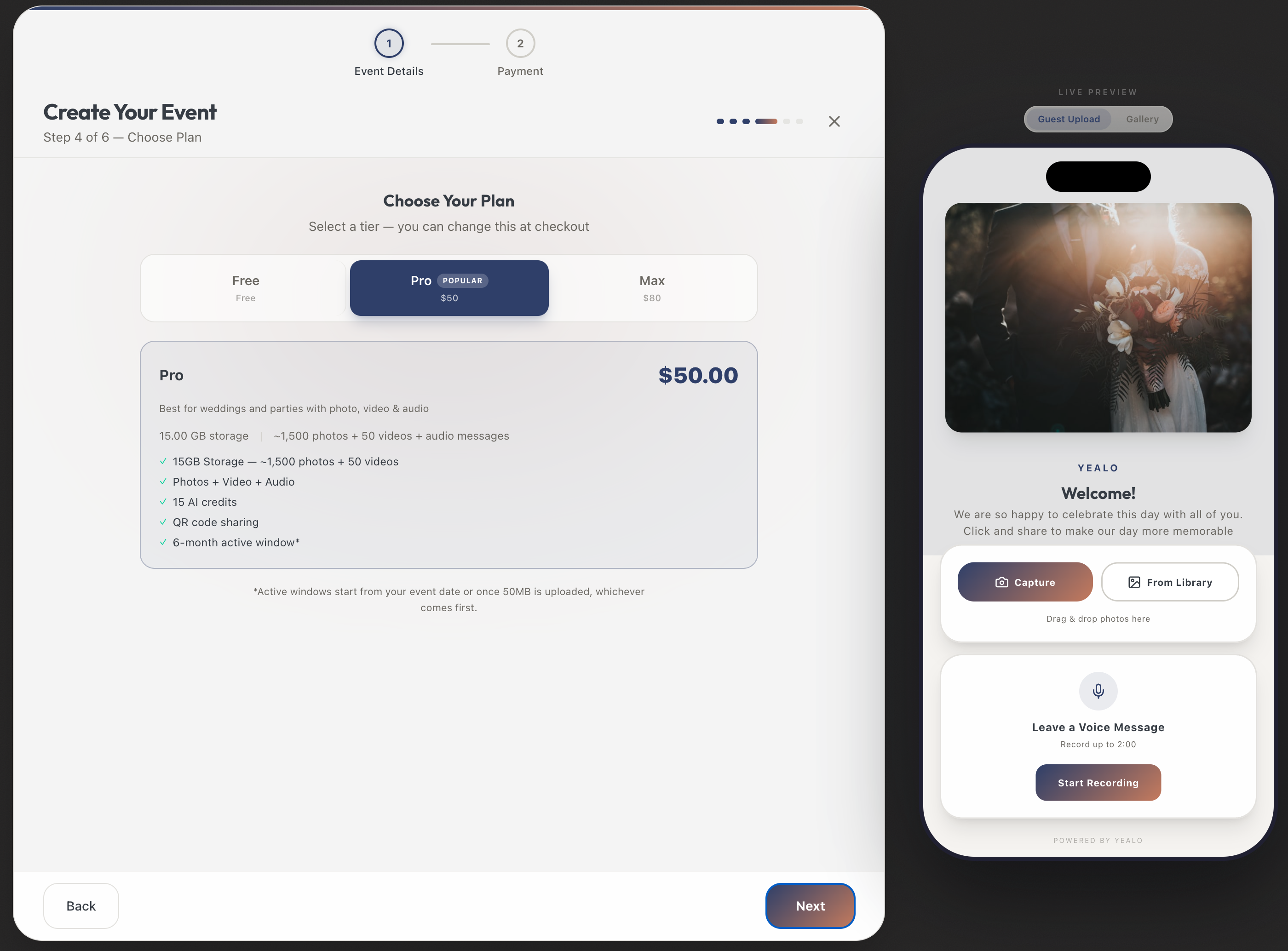 Yealo plan selection showing Free, Medium, and Max tiers with pricing and feature comparison